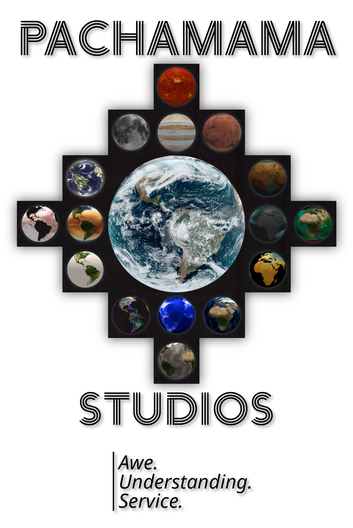 Pachamama Studios Logo Pachamama Studios' logo is an Andean Cross filled with different earth and space visualizations. at the center is our planet as seen from space.